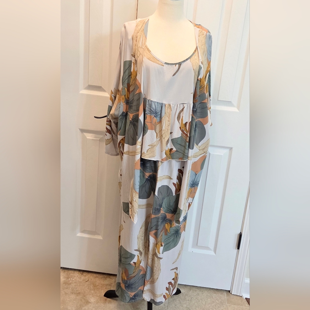 MATCHING 3 PIECE FLORAL PLANT TROPICAL BABYDOLL TOP KIMONO JACKET CROPPED PANTS